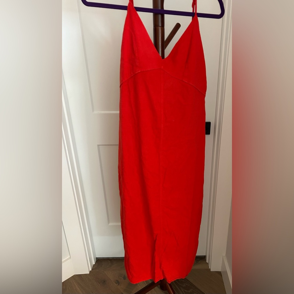 Zara red linen blend adjustable straps dress. Multiple button back. Size M.
